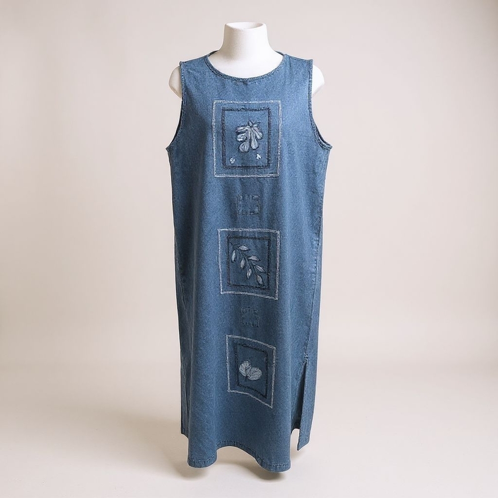 Vintage Blue Leaf Print Denim Maxi Dress Large